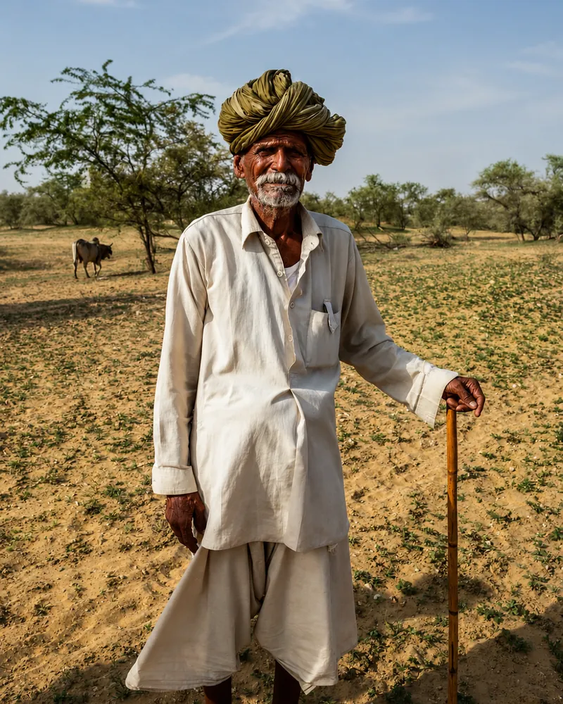 Farmer in Rajasthan, India, in a dry field