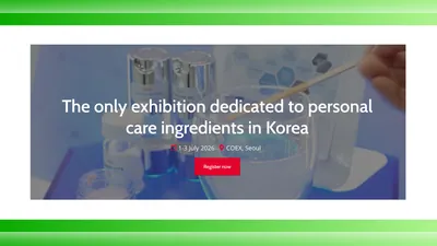 Poster for the in-cosmetics Korea 2026 trade fair with laboratory equipment in the background